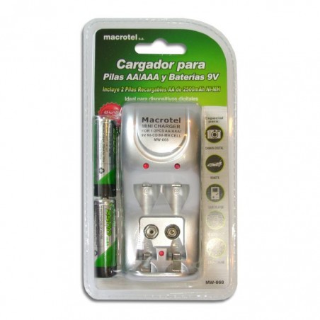 Cargador de Pilas AA, AAA  y 9V + 2 pilas AA de 2500 mAh Ni-Mh. Macrotel MV-668