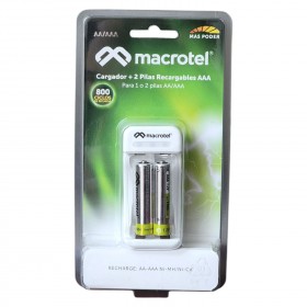 Cargador de Pilas AA, AAA  y 9V + 2 pilas AAA de 1000 mAh Ni-Mh. Macrotel MV-228