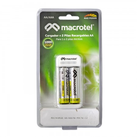 Cargador de Pilas AA, AAA  y 9V + 2 pilas AA de 2500 mAh Ni-Mh. Macrotel MV-668